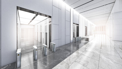 Entrance hall of the office building in the reception area, modern white-silver tone, 3D rendering