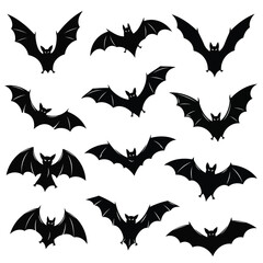 Naklejka premium Collection of black bat silhouettes with outstretched wings, perfect for Halloween decorations and spooky designs.
