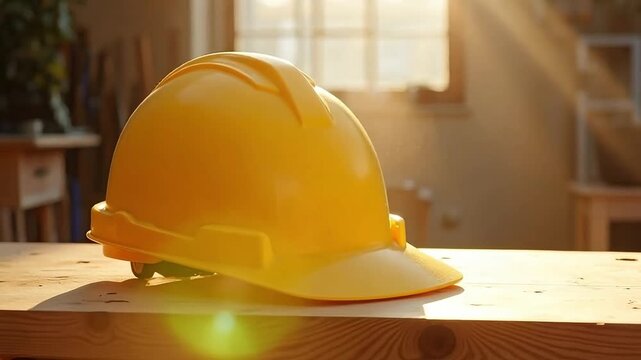 Yellow hard hat resting on a wooden surface in a workshop bathed in warm sunlight.