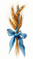 Golden wheat sheaf tied with blue ribbon watercolor 