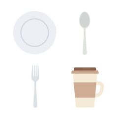 A plate, spoon, fork, and coffee cup are arranged on a white surface. The objects are simple and clean.