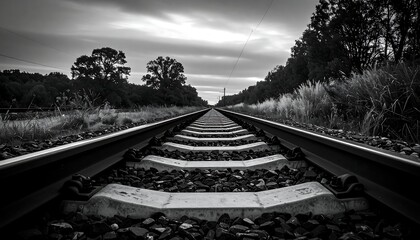 Black and white railway tracks stretching into the distance. A landscape view of a railway track