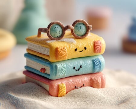 Cheerful 3D clay books with glasses and fingerprints scene