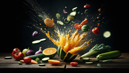 Explosion of Fresh Vegetables and Fruits &ndash; Dynamic Food Splash