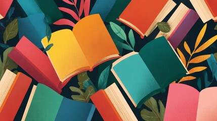 Flat  banner with open books pattern and bookmark element