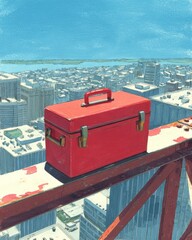 Nostalgic gouache painting of metal lunchbox on girder