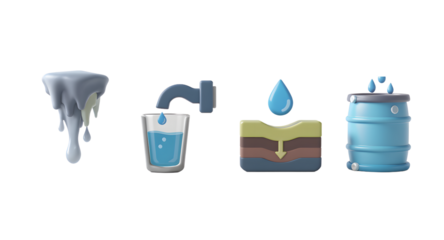 Water cycle illustration with glacier, faucet, soil layer and barrel
