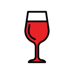 Bold graphic icon of a classic wine glass filled with red liquid featuring a thick black outline.