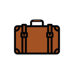 Vintage brown travel suitcase with black straps and buckles A classic luggage icon illustration with a thick outline.