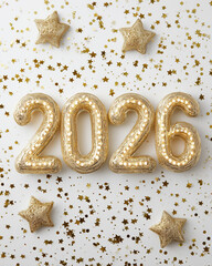 2026 written in glowing gold numbers against a white background with scattered confetti and star-shaped sparkles, bright and cheerful new year mood, clean and minimal layout, commercial stock photo