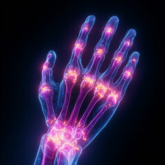 A glowing neon x-ray style illustration of a human hand showing the effects of rheumatoid arthritis. The bones and joints appear inflamed, swollen, and slightly deformed, with detailed visualization 