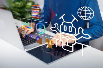 Business concept: Using robots in large database systems, sending commands to manage robots to work instead of people.