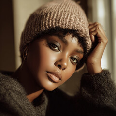 A beautiful dark-skinned woman with glowing skin and lush, natural hair is wearing a stylish beanie in a soft, earth-toned color. She’s seated in a softly lit room near a large window