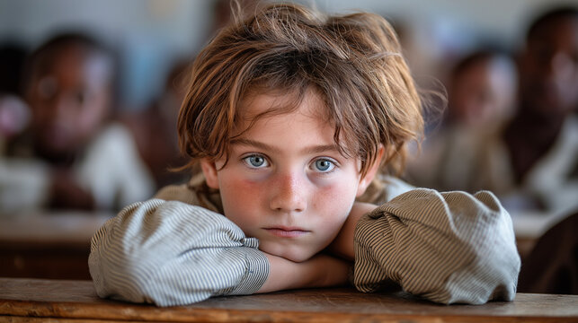 A Thoughtful Child in the Classroom. Visual Representation of Attention-Deficit/Hyperactivity Disorder (ADHD) and Learning Challenges in School Settings. Close-Up Portrait of a Distracted Student