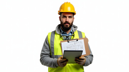 Bearded Construction Worker with Tablet in Safety Vest – Professional Isolated Portrait
