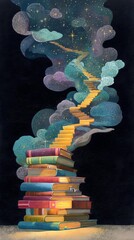 Whimsical gouache  showing books transforming into starry staircase