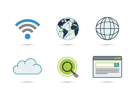 Collection of modern digital technology icons including wi-fi globe cloud search and web browser