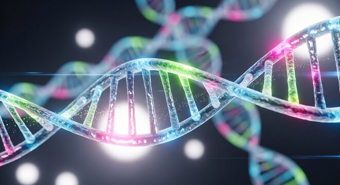 Vivid DNA Double Helix Structure with Colorful Strands and Bright Highlights - Powered by Adobe