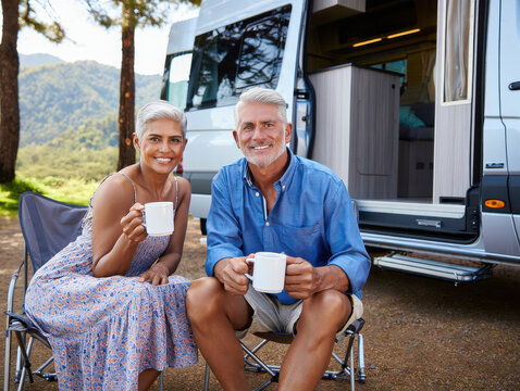 Happy mature couple enjoys morning coffee at their campervan, embracing the freedom of retirement travel and the beauty of nature, creating lasting memories on their adventure