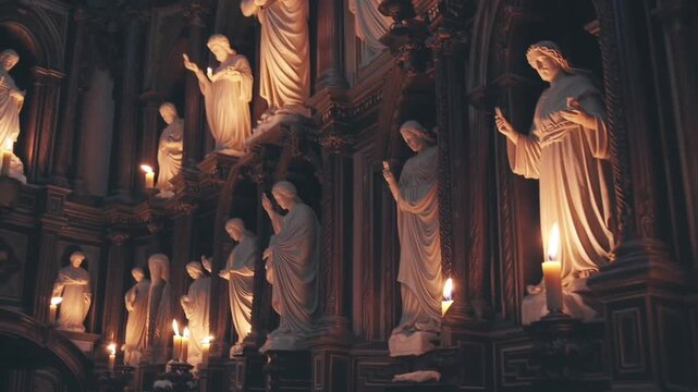 Burning Saints and Religious Figures Inside Church Interior