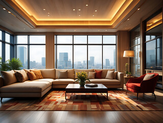 Fototapeta premium Sophisticated Urban Living Room Oasis Featuring a Spacious Sectional Sofa and a Captivating Cityscape View