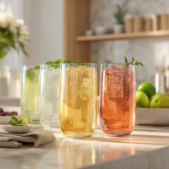 
Create a zoomed and close-up photorealistic picture of a selection of flavored malt beverages, beautifully arranged in elegant glassware, emphasizing a bright and inviting modern kitchen setting. 