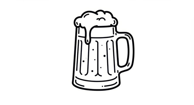 Stylized beer mug doodle with overflowing foam, simple black and white illustration great for