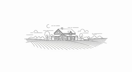 Naklejka premium Minimalist line art illustration of a rustic farmhouse on a rolling field under a crescent moon and clouds.