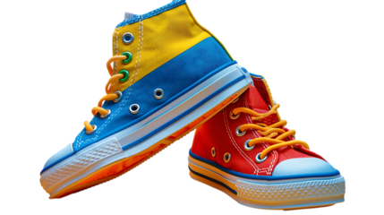 Illustration of a vibrant pair of orange and blue canvas sneakers isolated on transparent background, perfect for adding a pop of color to any casual or sporty outfit, showcasing style and comfort