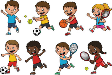 Happy kids playing various sports, tennis, basketball, soccer, active children running, outdoor games, diverse boys and girls having fun