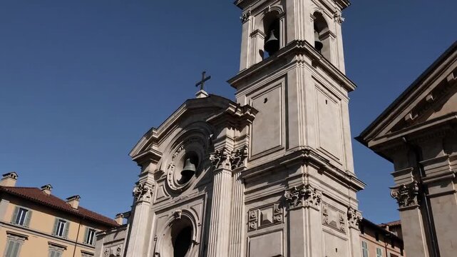 Architectural feature detail of bell tower belonging to church located in Turin