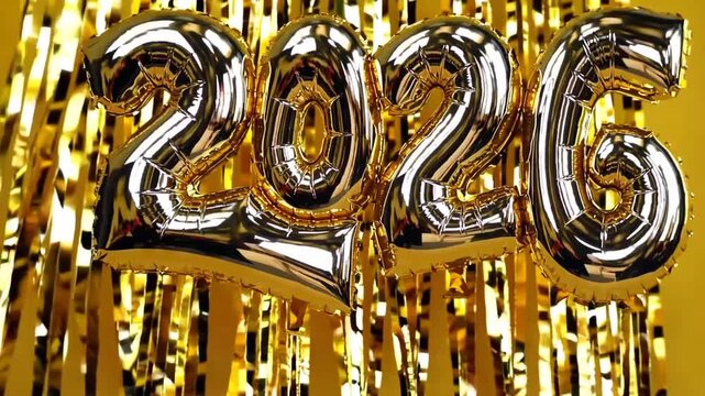 Golden foil balloon numbers for the year 2026 on yellow background with golden sequins for New Year celebration