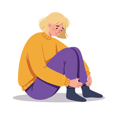 Sad woman sitting on floor wearing orange sweater and purple pants illustration vector art 