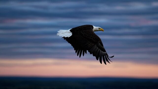 Bald Eagle in Flight During the Early Morning Hours with the Colors of Dawn in the Sky
