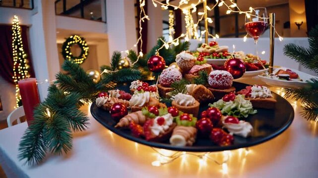 Preparing celebratory meal surface with assorted dishes and delicacies in contemporary open-plan residence adorned for winter holidays