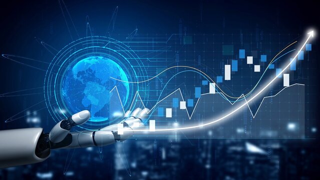 This image depicts a robotic hand showcasing a glowing globe while financial graphs and digital data illustrate market trends, symbolizing technological advancement in finance. Copula - Powered by Adobe
