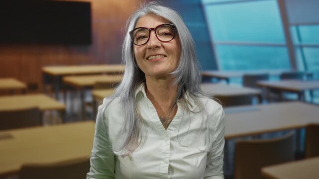 Senior woman with grey hair making glasses gesture indoors in a classroom, expressing joy and creativity.