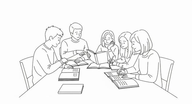 Diverse group of students studying together at a table, surrounded by books and notebooks, in a bright, collaborative learning environment.