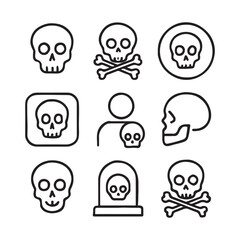Collection of linear skull and crossbones icons designed for various concepts and themes of halloween and spooky season designs