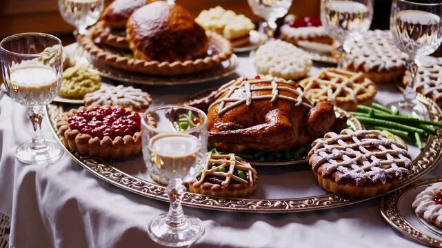 Christmas Themed Food Items Pastries and Traditional Holiday Beverages Assortment of Dishes Drinks for Winter Holidays Christmas Dishes Pastries Traditional Drinks of Dishes Drinks and Desserts for W