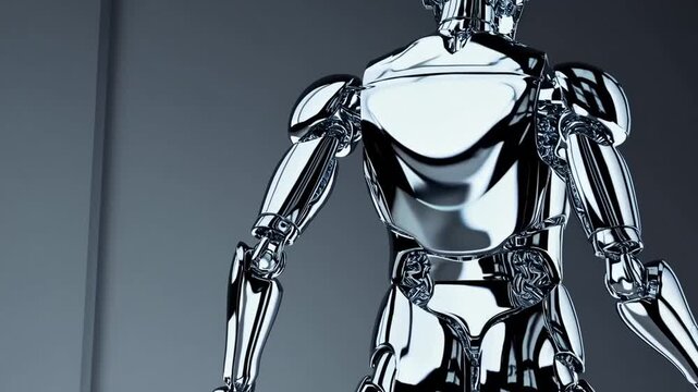 Three-dimensional render of reflective chrome plated robot holding the edge of blank sign