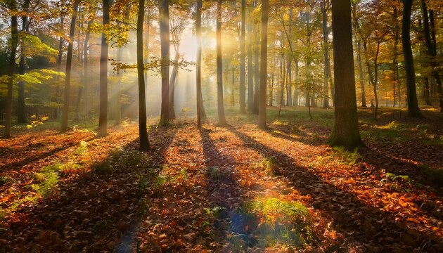dense maple forest glowing under early sunlight wide angle composition f11 style clarity misty sunbeams dancing through foliage textured forest floor crisp autumn leaves hyper realistic scene depth