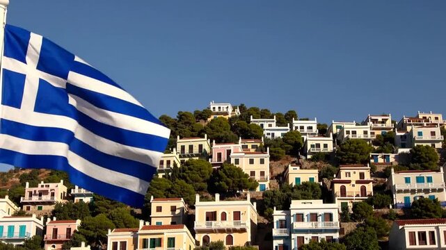 National Flag Waving Alongside Vibrant Hillside Dwellings Under Clear Azure Sky