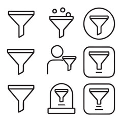 Funnel Icon Set for Data Filtering and Conversion Optimization with Assorted Designs and Graphical Representations in Line Art Style