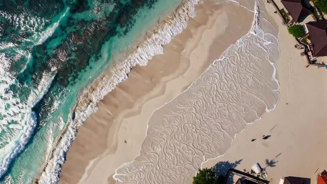 overhead perspective of coastal area featuring crystalline azure waters and pale shore sediments