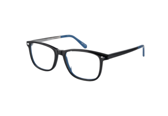 Stylish modern eyeglasses with transparent lenses and dark frames positioned at an angle on a plain backdrop transparent background