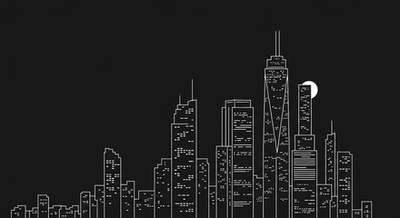 Minimalist white line art cityscape at night with glowing windows and a full moon.