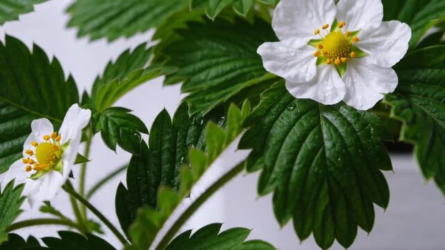 Fragaria ananassa blossoms Fragaria ananassa blossoms and foliage on white floral backdrop