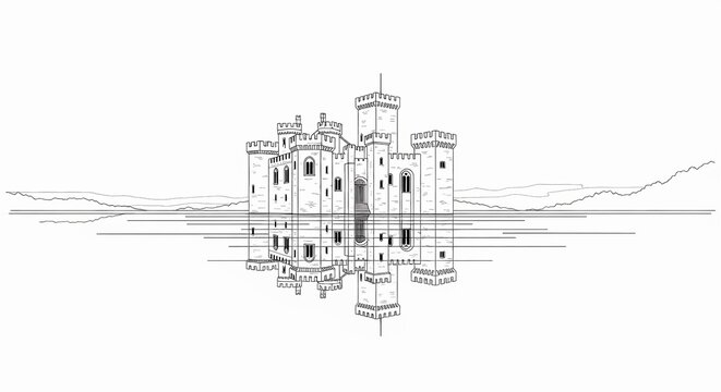Detailed line art illustration of a majestic castle with its reflection on calm water, set against a serene mountainous landscape.