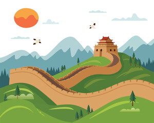 Vector illustration of a rural landscape with a castle on a hill and a village with green fields, forests, and blue sky